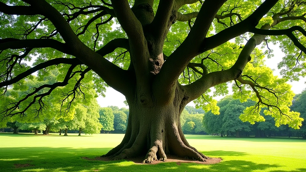 Massive oak tree trunk rising from grass lawn, dappled sunlight filtering through dense canopy, people standing at base for scale
