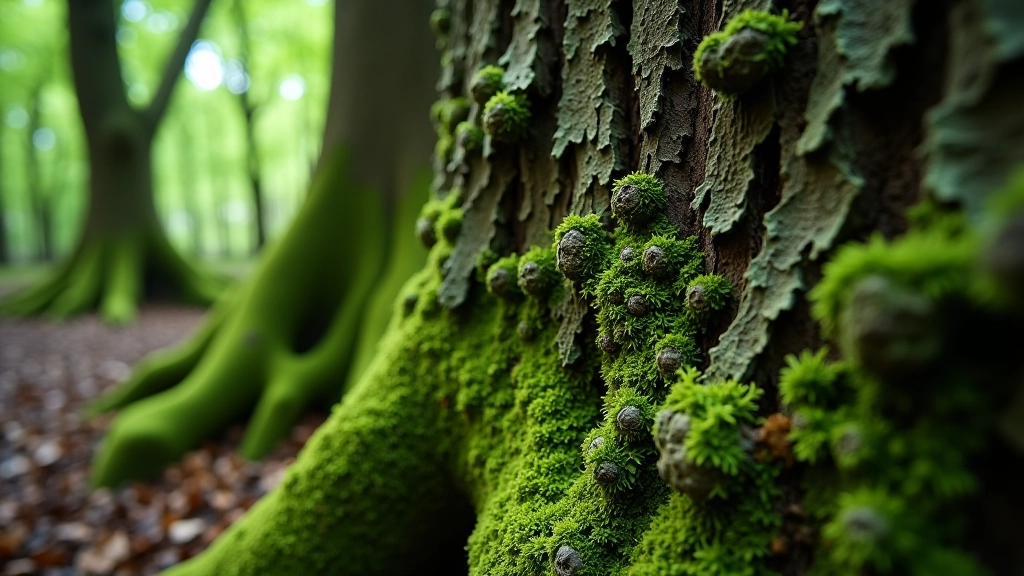 Close-up of ancient oak tree bark with moss and lichen, forest floor in background