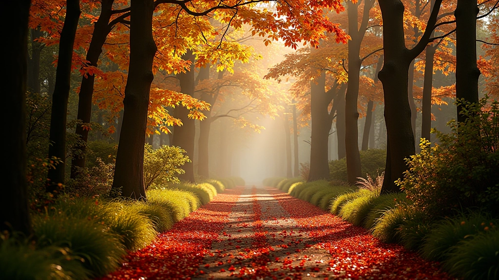 Autumn woodland with golden and red fallen leaves covering the forest floor and trees displaying fall colors