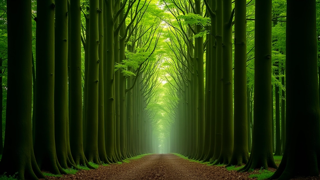 Forest of tall beech trees with smooth gray bark, leafy canopy filtering diffused light, cool shadows on forest floor