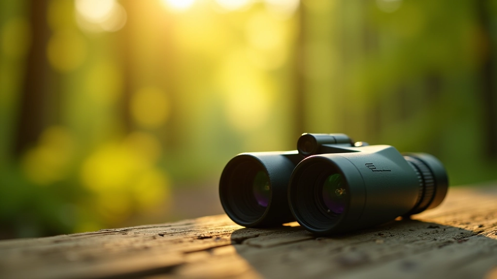 Close-up of binoculars focused on distant forest canopy with morning light