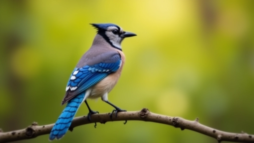 Colorful jay with bright blue wing feathers perched on mossy branch in woodland setting