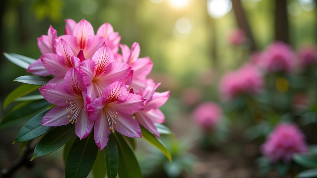 Blooming rhododendrons and azaleas with pink and purple flowers in a woodland garden setting