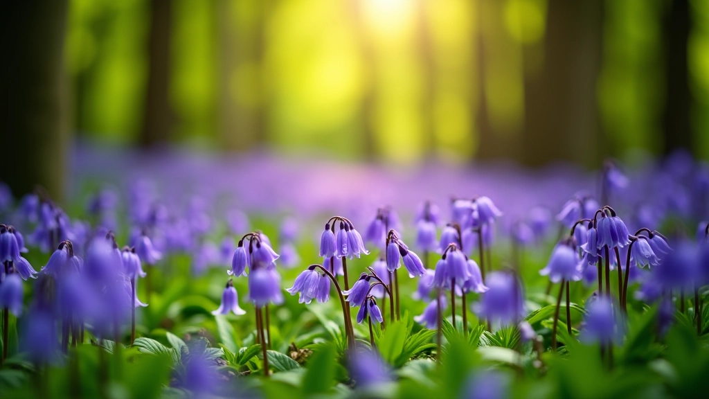 Carpet of purple bluebells covering the woodland floor beneath deciduous trees in spring