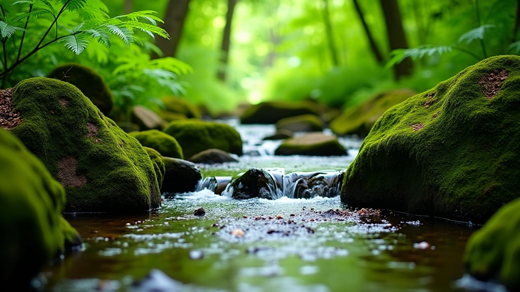 Stream flowing through woodland with moss-covered rocks and ferns along the banks in soft light