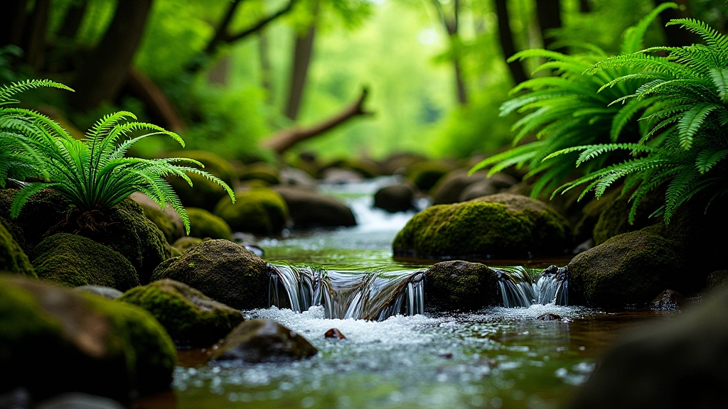 Woodland stream flowing over rocks surrounded by ferns and shade-loving plants