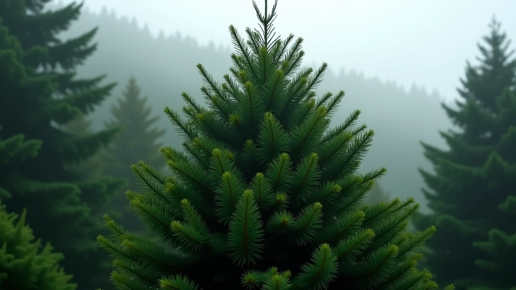 Tall conifer tree with distinctive pyramidal shape, dense needle coverage, morning mist in forest background