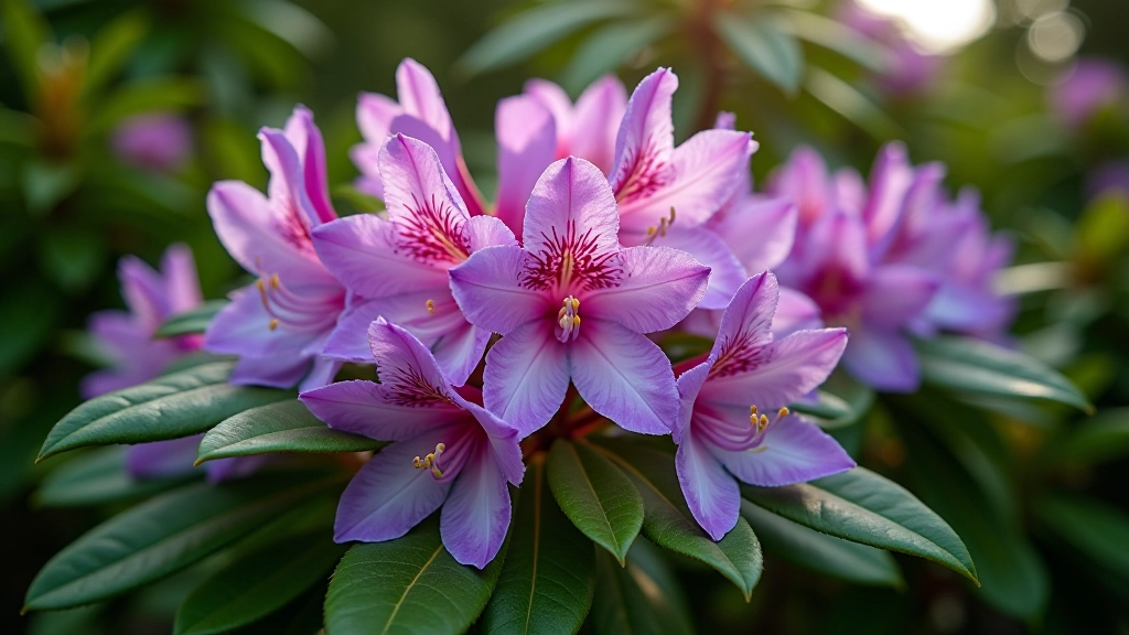 Dense cluster of rhododendron flowers in purple and pink shades, glossy green foliage, garden setting