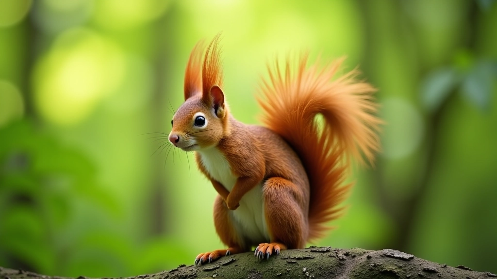 Red squirrel on tree branch with bushy tail, natural woodland habitat with soft green background