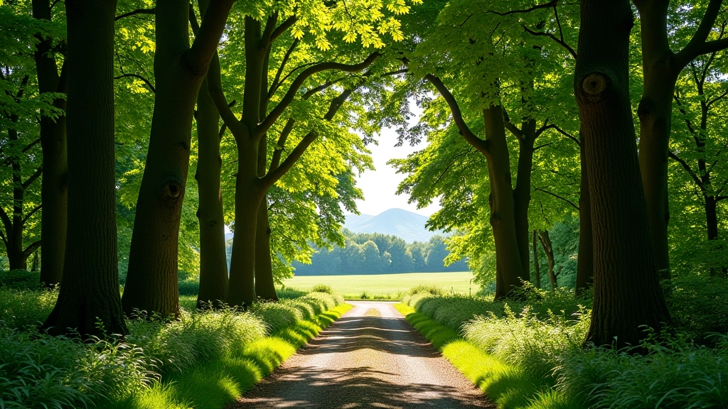 Winding woodland path lined with tall trees and dappled sunlight filtering through canopy