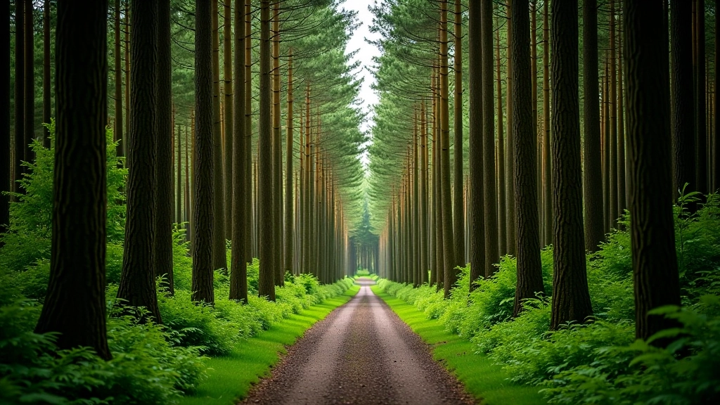 Tall coniferous trees creating a shaded woodland corridor with ferns growing along the path sides