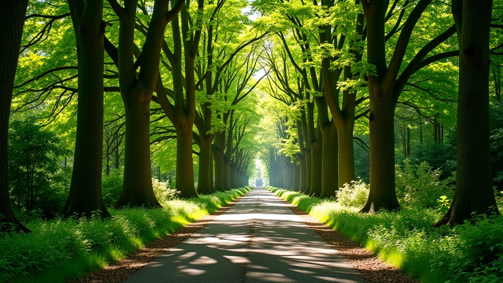 Sunlit woodland path with tall ancient trees creating natural canopy above
