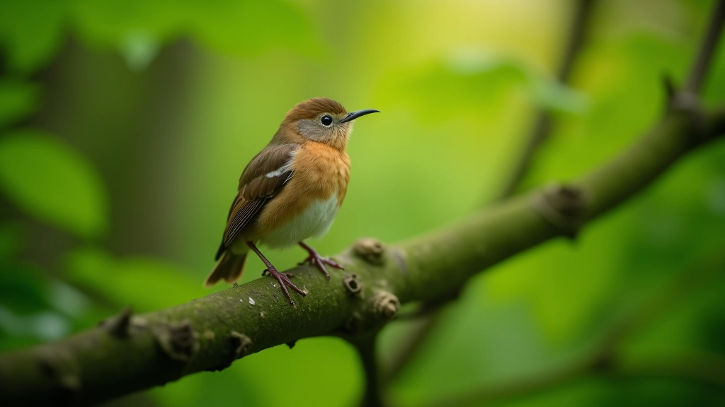Bird perched on branch with blurred woodland background, natural lighting