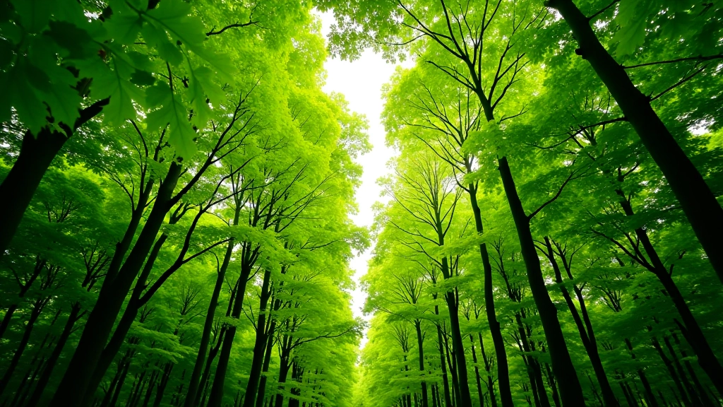 Dense green canopy overhead with dappled sunlight creating shadows on the woodland floor below